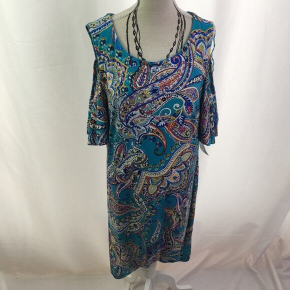 RN Studio Cold Shoulder Paisley Dress Turq Multi 6 - Picture 2 of 16